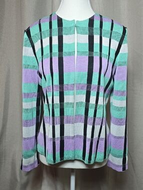 Ming Wang Striped Open-Knit Cardigan in Mint, Lavender & Black